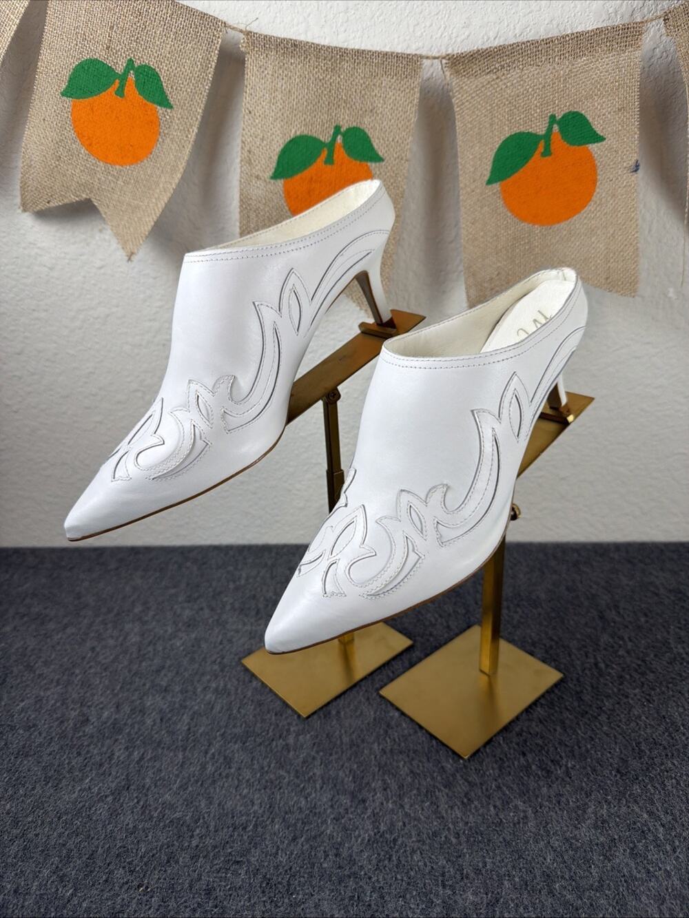 Matisse Marcell Heeled Mules White Leather Western Flame Stitching 9M